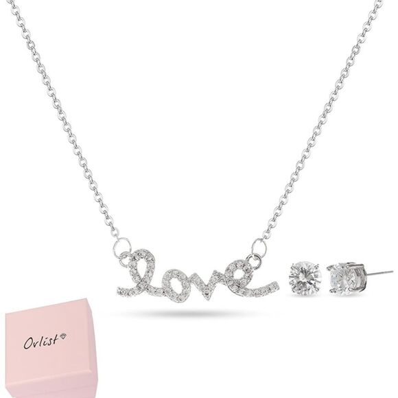 None Jewelry - NEW in gift box Necklace and earrings set, cursive Love Necklace, Stud Earrings